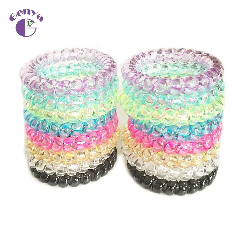 Genya plastic spiral hair ties elastic hair bands phone cord clear jelly hair coils wrist band bracelets