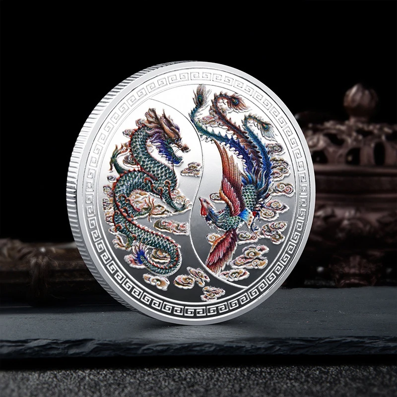China Lucky Coin Dragon and Phoenix Collection Colored Gold Silver Plated Coin