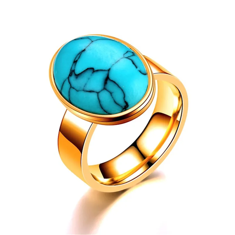 Retro Big Turquoise Stone Rings Titanium Steel Coral Floating Promise Rings Jewelry for Men Women