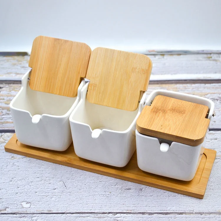 3 Pack Porcelain Food Storage Jars Ceramic Cookie Small Canister With Bamboo Wood Lid And Label Coffee Tea Sugar Containers