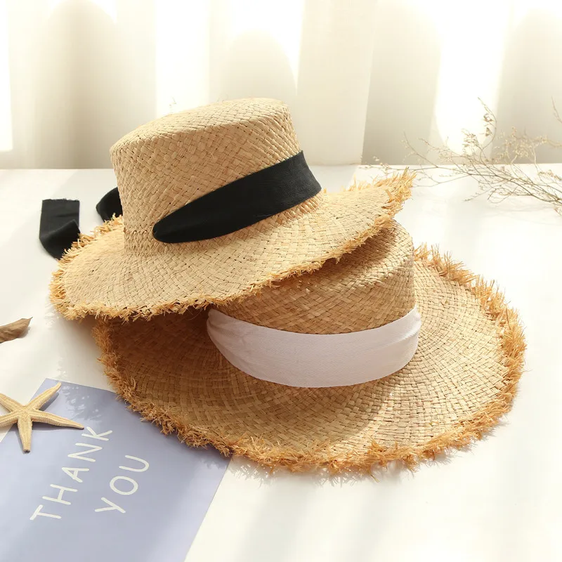 Handmade Weave Raffia Sun Hats for Women Black Ribbon Lace Up Large Brim Straw Hat Outdoor Beach Summer Caps