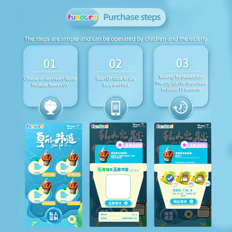 Fundord Fully automatic Unmanned 24 Hours Self Service Soft Ice Cream Vending Machine Business
