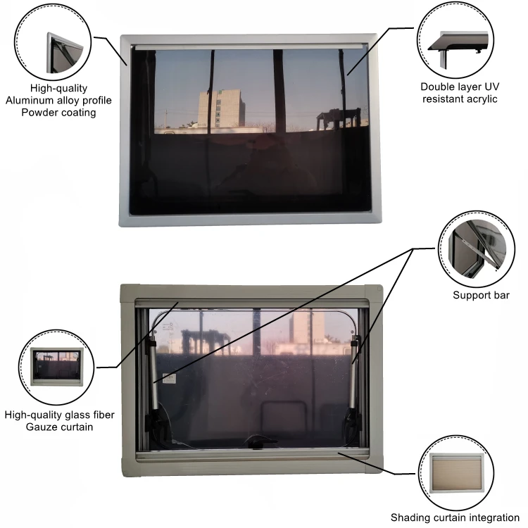 2024 TONGFA Double layered hollow anti UV acrylic RV windows equipped with screens and sunshades