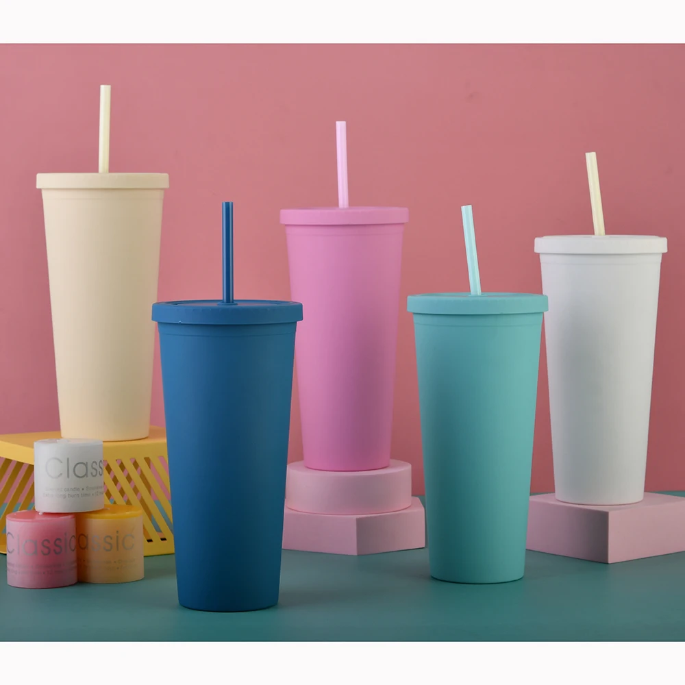 Water Bottle Eco 24oz Skinny Tumbler Double Wall Plastic Tumbler Pastel Colored Acrylic Cups with Lids and Straws