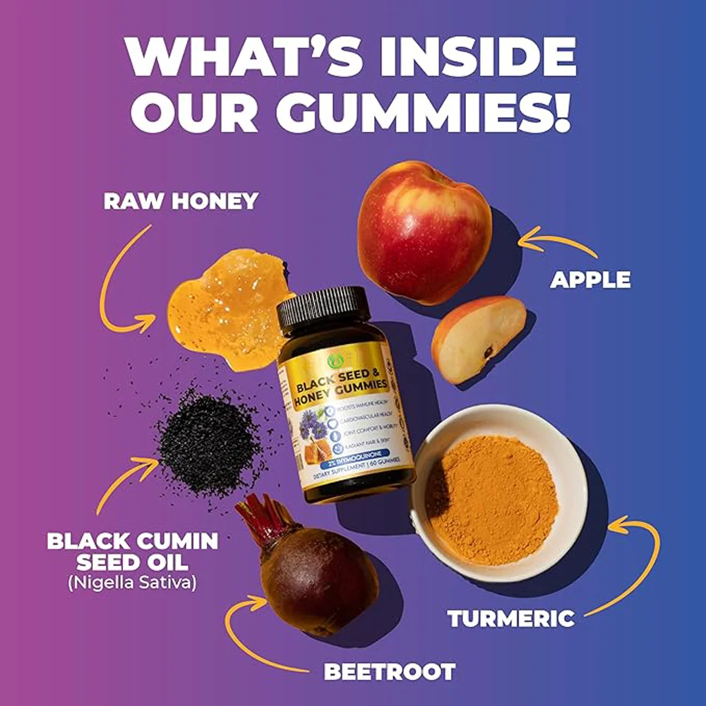BLACK SEED OIL & HONEY GUMMIES W/ 2%+ THYMOQUINONE | Nigella Sativa Seeds| Super antioxidant for Immune Support, Digestion