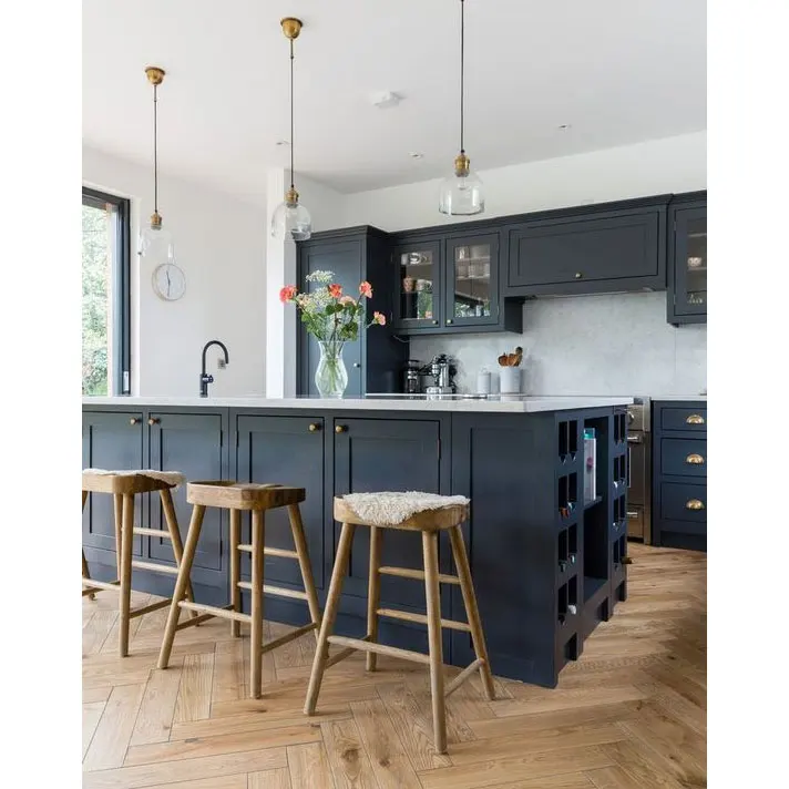 Navy Modern kitchen design cabinet Matte Finished Lacquer Shaker Kitchen Cabinet with Artificial Quartz Island