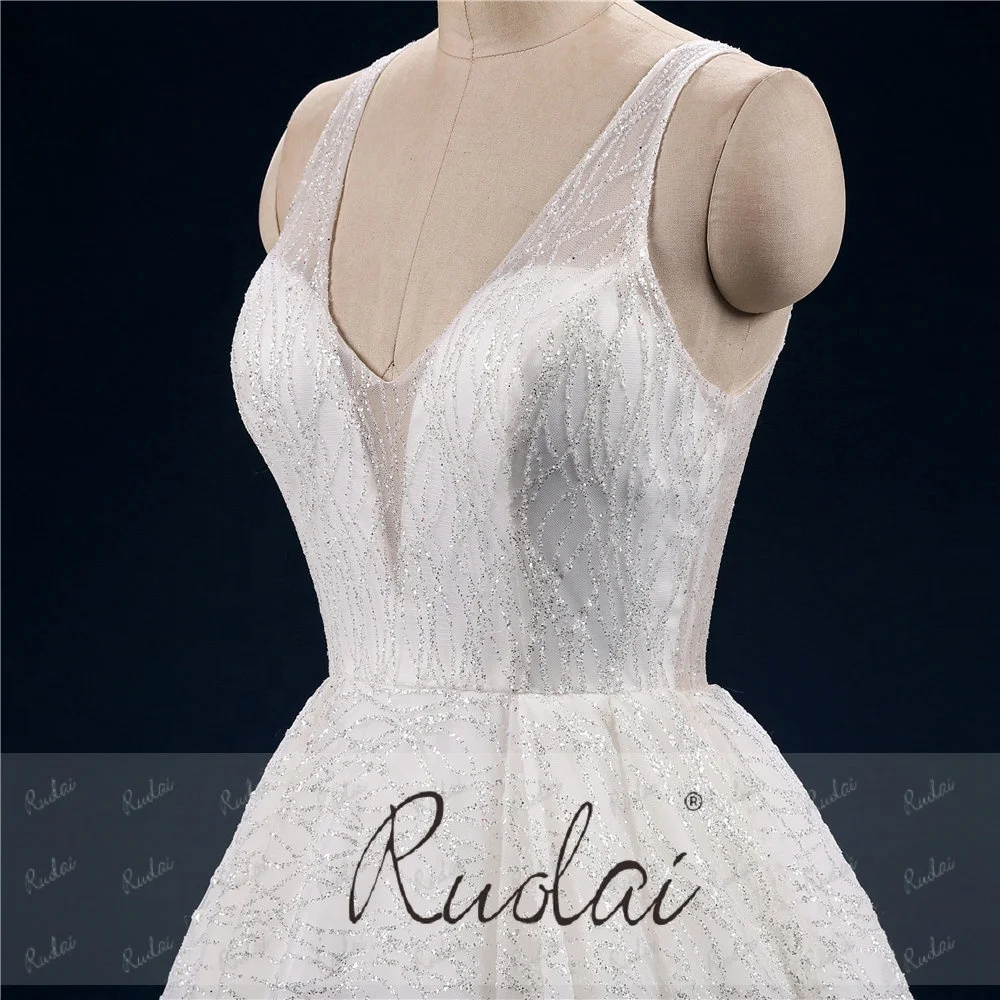 Ruolai PWD-H1002 Роскошная блестящая ткань халат De Mariage винтажное блестящее бальное платье с V-образным вырезом Свадебное свадебное