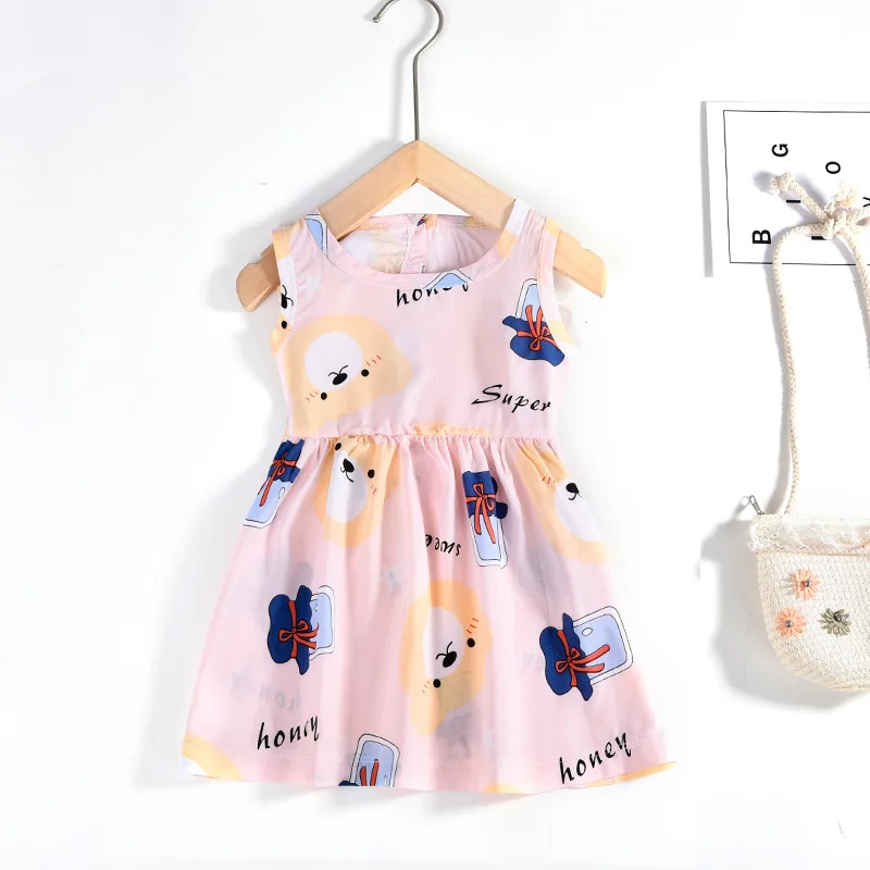 Wholesale Summer Cute Bear Pink Sleeveless Baby Dress Girls Soft Printed Newborn Infant Back Button Baby Dresses 6-12 Months