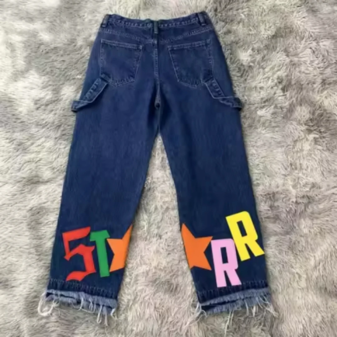 DENIMGUYS Custom Leather Applique Men Y2k Vintage High Street Raw Hem Denim Casual Versatile Loose Wide-Leg Blue Jeans
