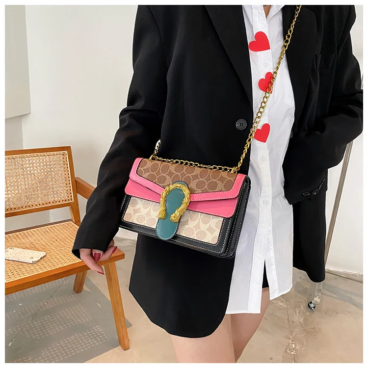 Trend ladies side bags for girls shoulder chain,Vintage square stainless steel gold chain bag