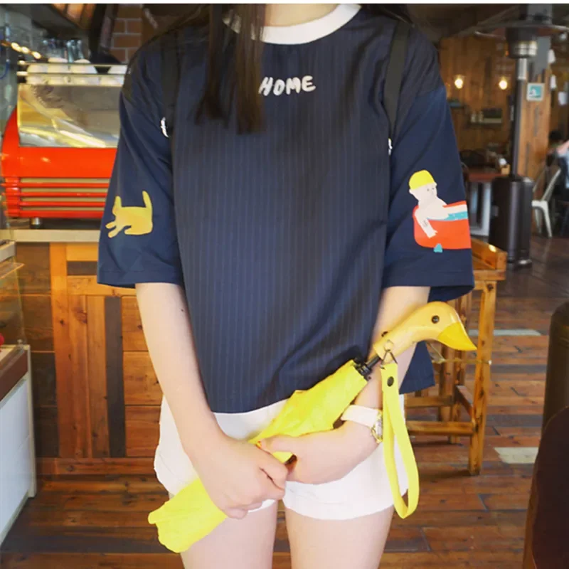 Cute Duck Head Wooden Handle Folding Semi-Automatic Sun Umbrella Windproof Black Coating Uv Protection Lady Umbrella