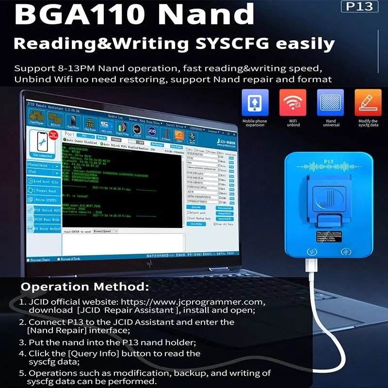 JCID P13 BGA110 programmer for 7 8 8P X XS 11 12 13Pro NAND Flash for BGA110 Nand data modification and writing