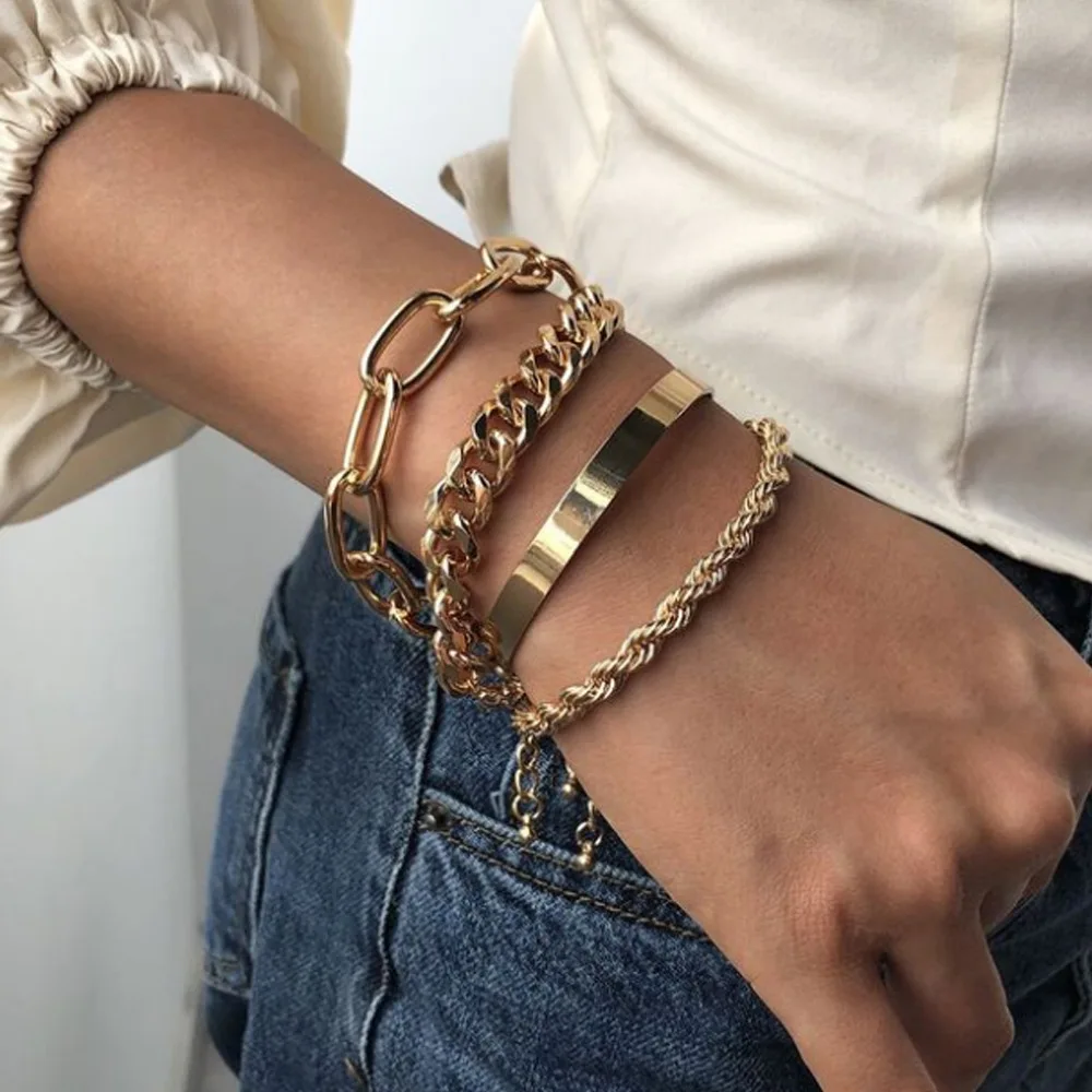 Gold Plated Geometric Hip Hop Cuban Multi Layered Crystal Rhinestone Charm Bracelet for Women