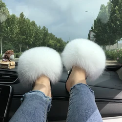 2022 Wholesale Design Fluffy Fox Fur Indoor Slippers Brown Raccoon Furry Real Fur Slides for Women with Logo