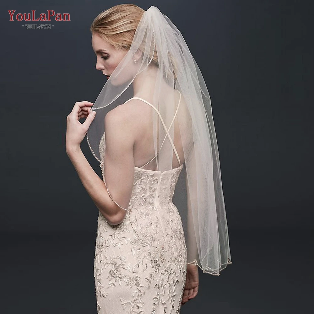 YouLaPan V118 One Layer Of Crystal Shell Edge White Ivory Woman Veil Fingertip Length Wedding Veil Short Section Bridal Veil