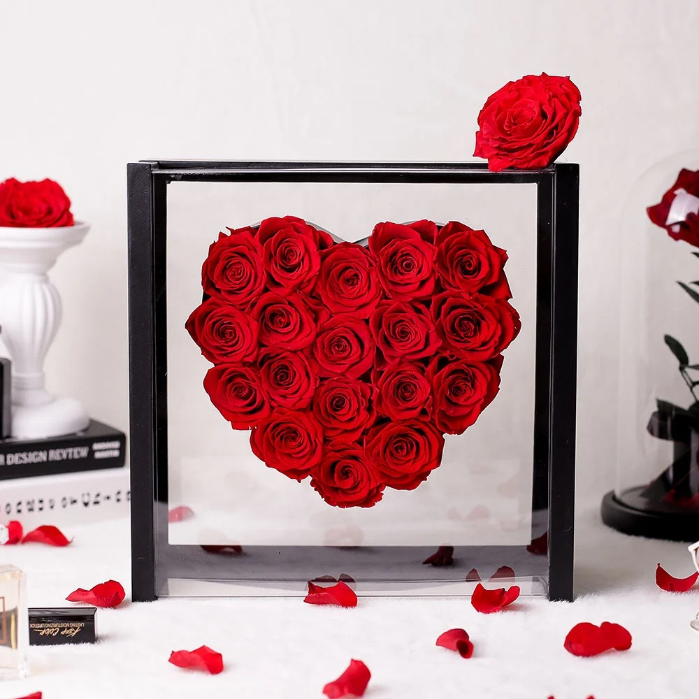 INUNION Lovely Immortal Fleur Preserved Roses In acrylic Box Forever Love Rose Christmas Gift Mom Preserved Flowers