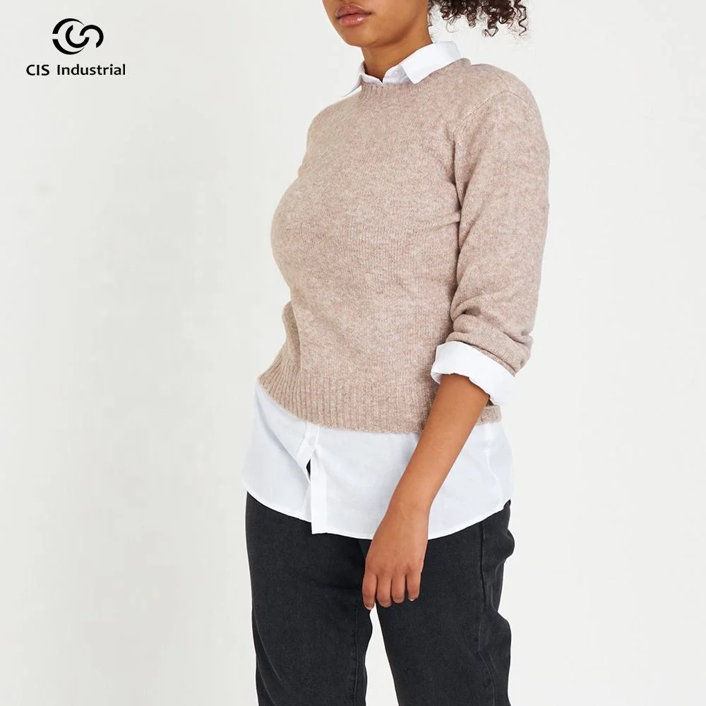 Custom jacquard casual ladies knitted sweater pullover round neck cotton poly core spun yarn loose knitwear