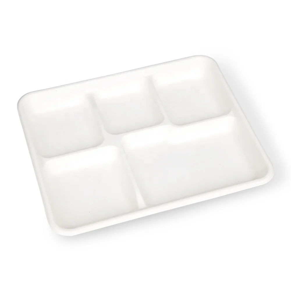 Wholesale Biodegradable Sugarcane Pulp White Rectangular Food Paper Tray Compartment Disposable Food Tray Tray For Food