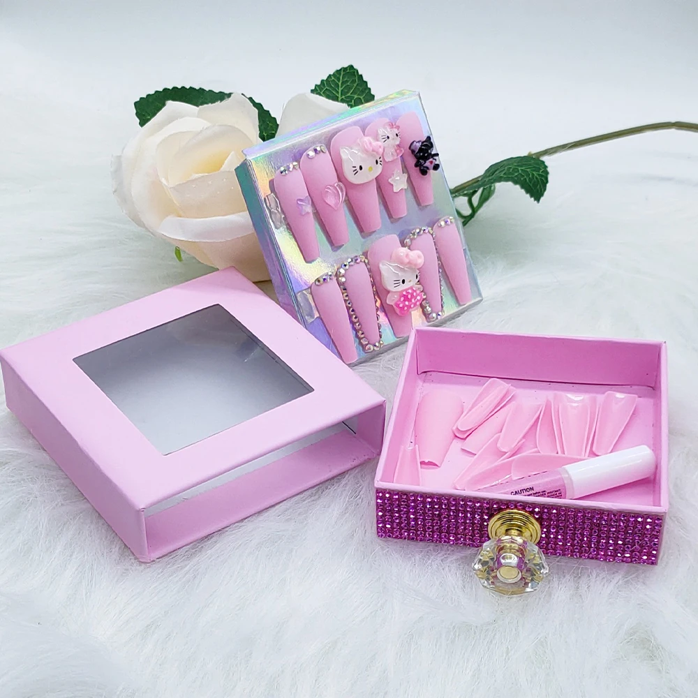 Luxury Designed Custom Made 24 Pcs Acrylic 3d Hello KT Press On Nail Set Empty Packaging Box With Personal Logo