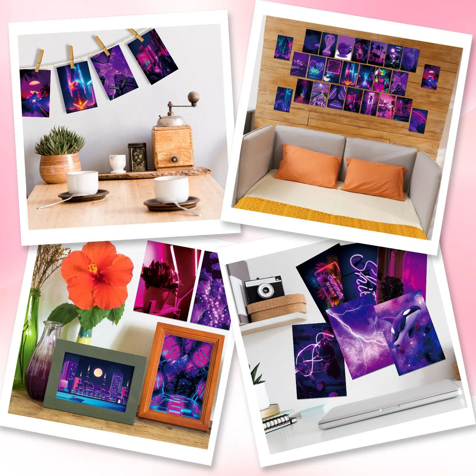15CM 50PCS Fashional cool purple abstract collage urban landscape neon dreamy art poster