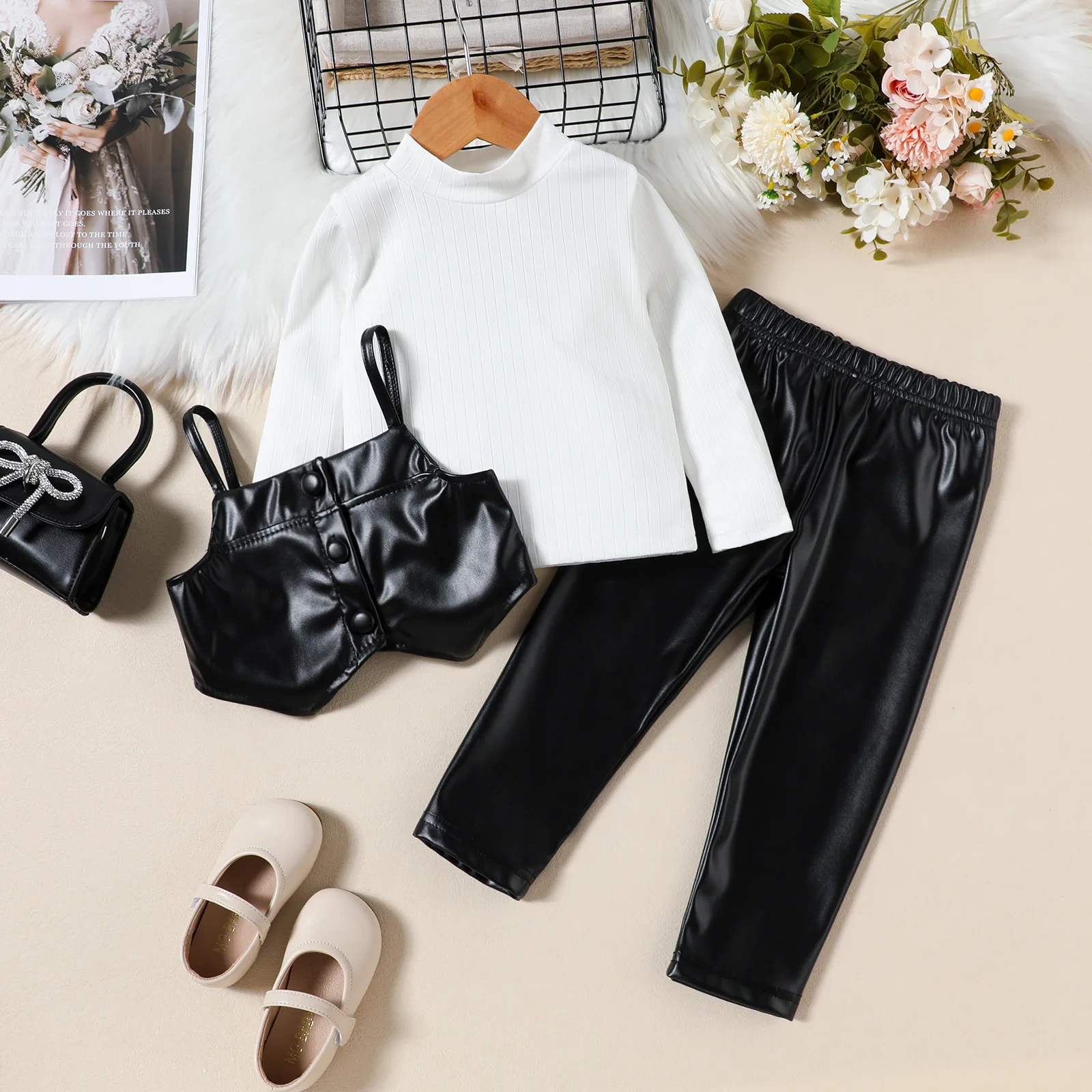 Fall New Slim PU Leather Pants Girl Clothes White Shirt PU Small Vest Kids Clothing 3-Piece Leisure Clothing Sets
