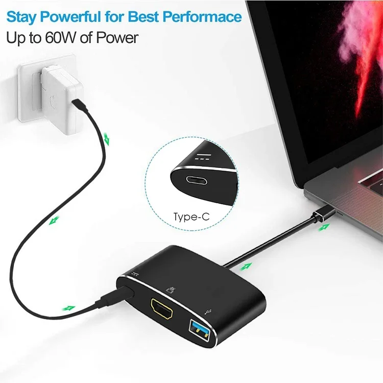  High Speed 3 in 1 USB Type C Hub to 4K USB3.0 PD Fast Charging for Macbook and Windows