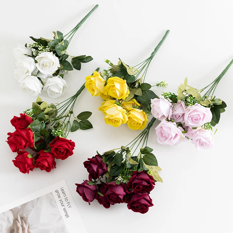 High Quality Artificial Rose Flowers 7 Heads Velvet Rose Flower Bouquet For Wedding Decoration Valentines Day