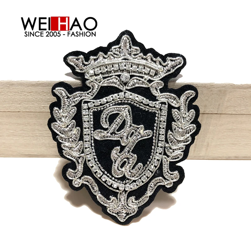 Silver embroidery Crown patch for the hat Fashionappliques for cloths rhinestones badges patch for jacket