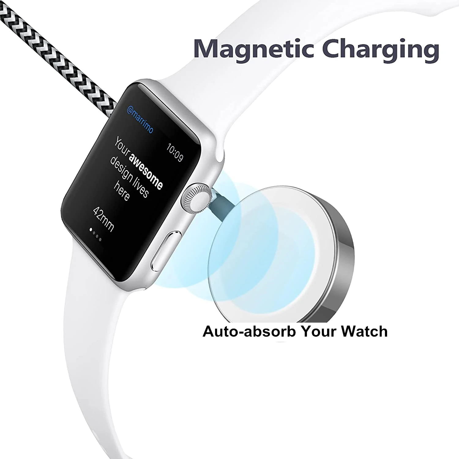 Нейлоновый плетеный кабель для зарядного устройства iWatch Магнитный зарядный Apple Watch серии SE/7/6/5/4/3/2/1 44 мм 40 42 38