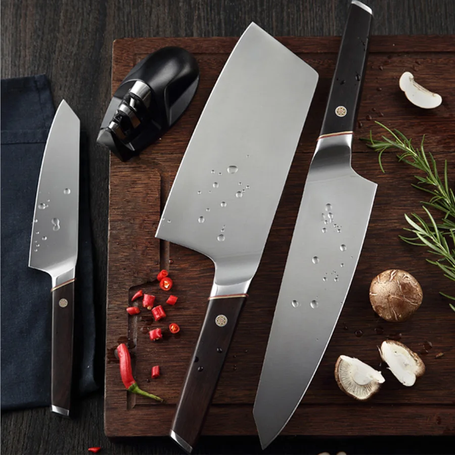 Modern German 1.4116 Steel Knife Sets Wood Handle Kitchen Cooking Knives Chef Chopping Utility Knife With Mini Sharpener