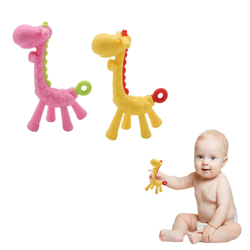 Yellow giraffe soft material small animal image easy to clean without BPA silicone toys baby toys teether
