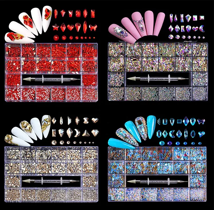 High Quality Different Size Luxury Nails Crystal Stones Charm Decoration 3D Nail Art Rhinestone Set With Point Drill Pen