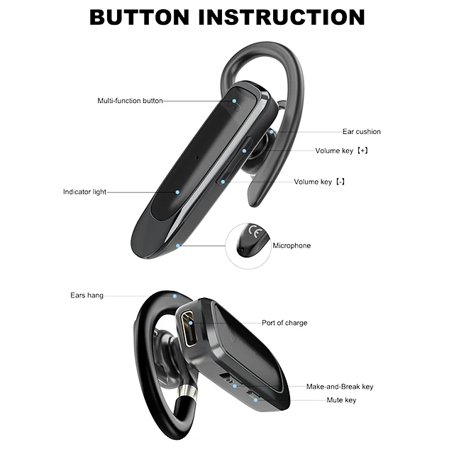 wireless 5.0 noise-cancelling single ear cell phone headsets earbud earphones earhook earphone with mic for driver