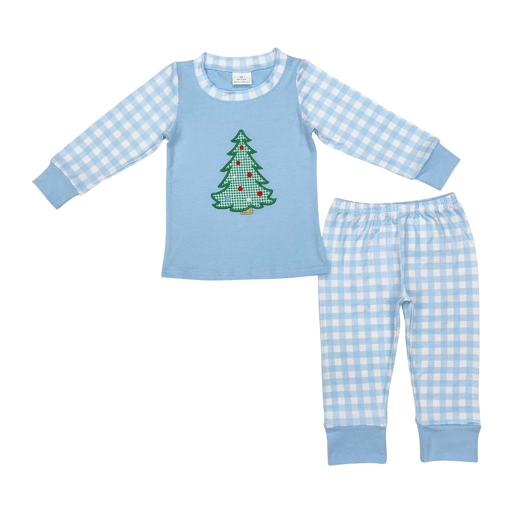 BLP0749 Christmas Tree Embroidered Blue Plaid Cotton Long Sleeve Pants Pajamas Set Casual Western Style with Animal Pattern