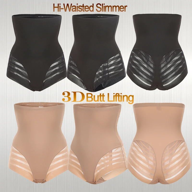 Plus Size Women Underwear High Waist Tummy Control Girdle Stripe Lace Body Shaper Shapewear Panties Waist Slim Butt Lifter