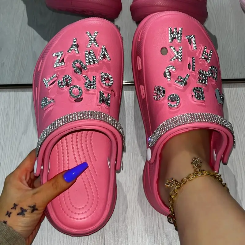 Trendy Beach women And Men EVA Clog Sandals Accept customization  Breathable Non-slip zandalias mujer Bling  Letter Charms