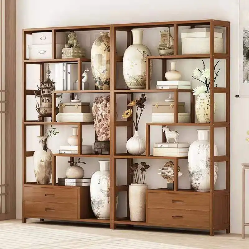 Solid wood new Chinese style tea display cabinet decoration cabinet tea set shelf living room bookshelf factory custom wholesale