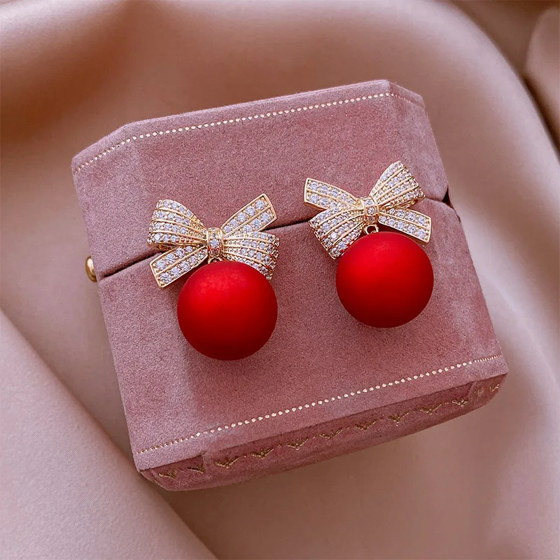 Luxury Gold Color Zircon Bowknot Stud Earrings For Women Pearl Cherries Fruit Red Festive Earring Girls Christmas Jewelry Gifts