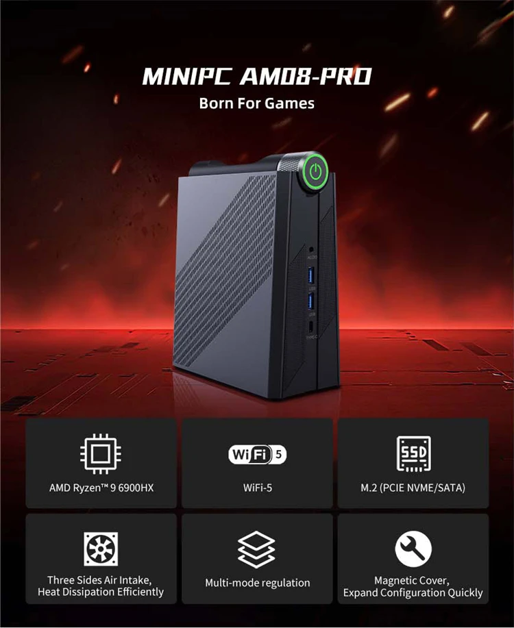 2023 игровой мини-компьютер AM08 PRO Ryze n 9 6900HX DDR5 * 2 4800 мГц 32 г/64 г 512 1 ТБ м.2 2280 NVME/ NGFF мини-ПК