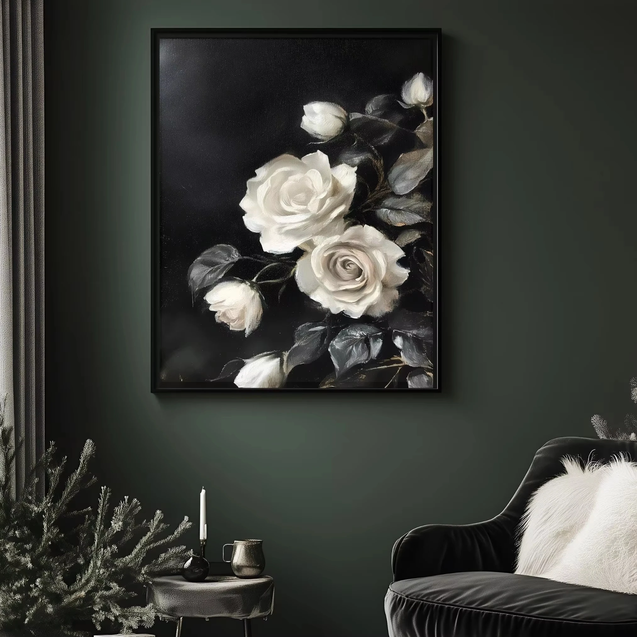 JIEKAI White Roses Print, Moody Floral Art, Vintage Oil Painting, Antique Botanical Decor, Still Life Wall Art,