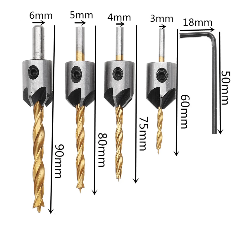 4PC 3mm-6mm Titanium Coating Steel Countersink Drill Bit Carpentry Woodworking Boring Tool Round Shank With Hex Key