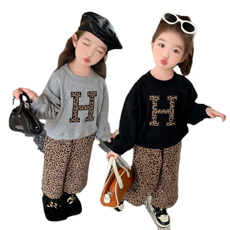 New fashion 2Pcs toddler girls clothing sets leopard letter printed t-shirt +  pants outfits for girls
