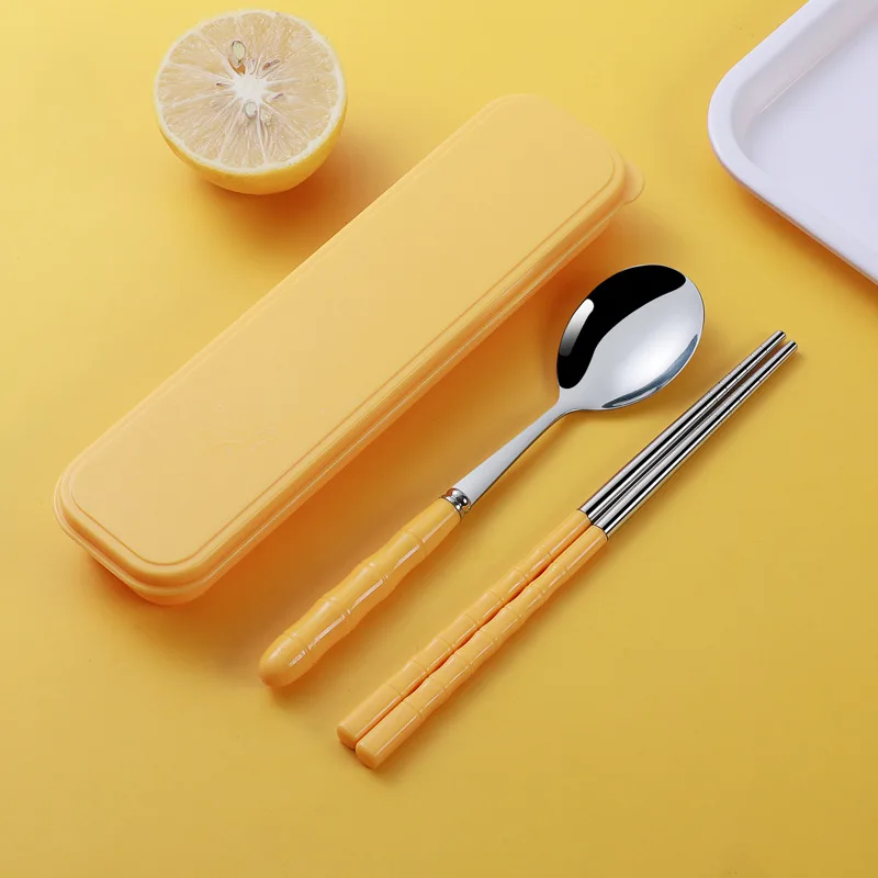 2 in 1 outdoor portable stainless steel spoon fork chopsticks set with pp box travel cutlery for school