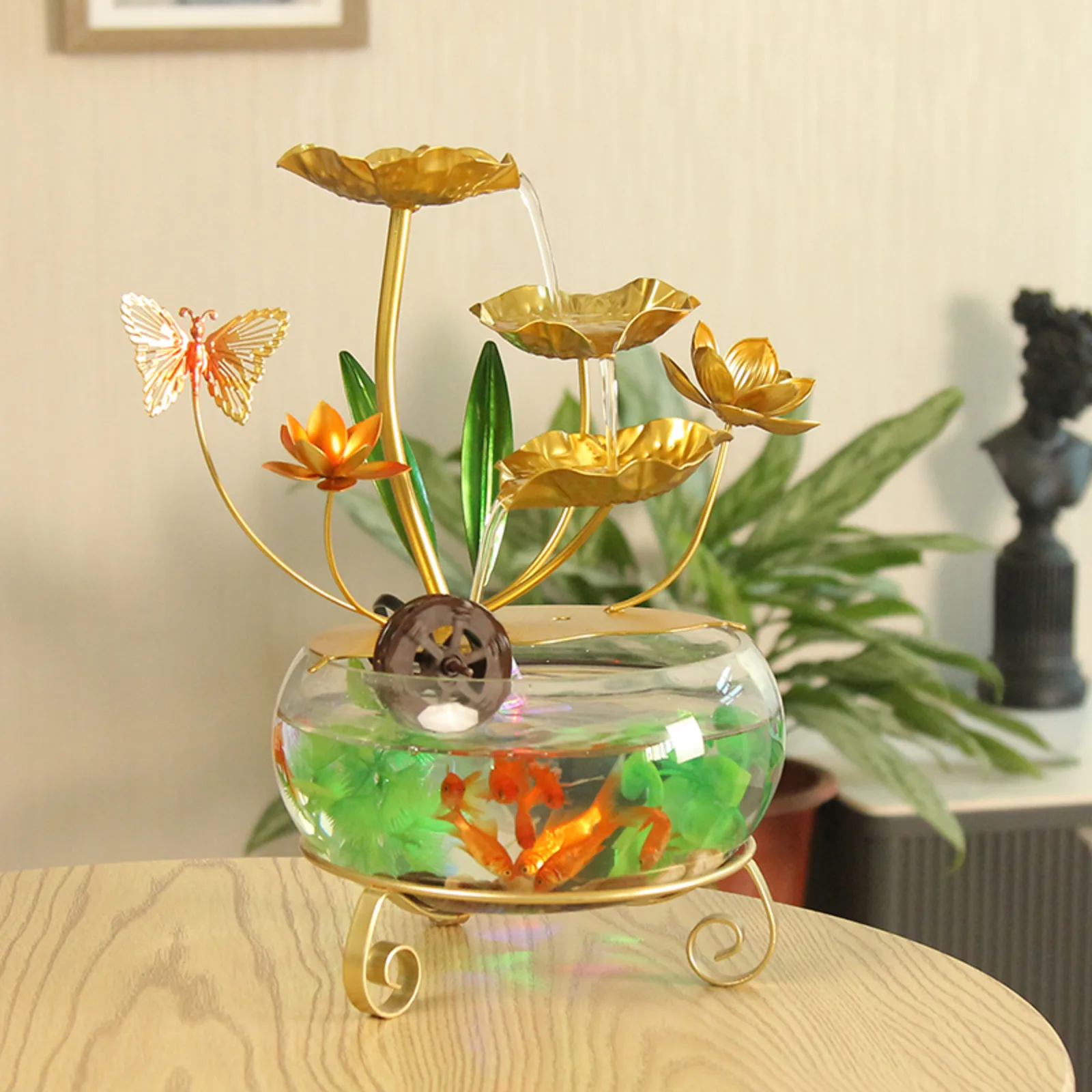 CHENYISHI Lotus Leaf Tabletop Water Fountain with LED Lighting Fish Tank Butterfly Decoration and Cascading Water Flow Decor