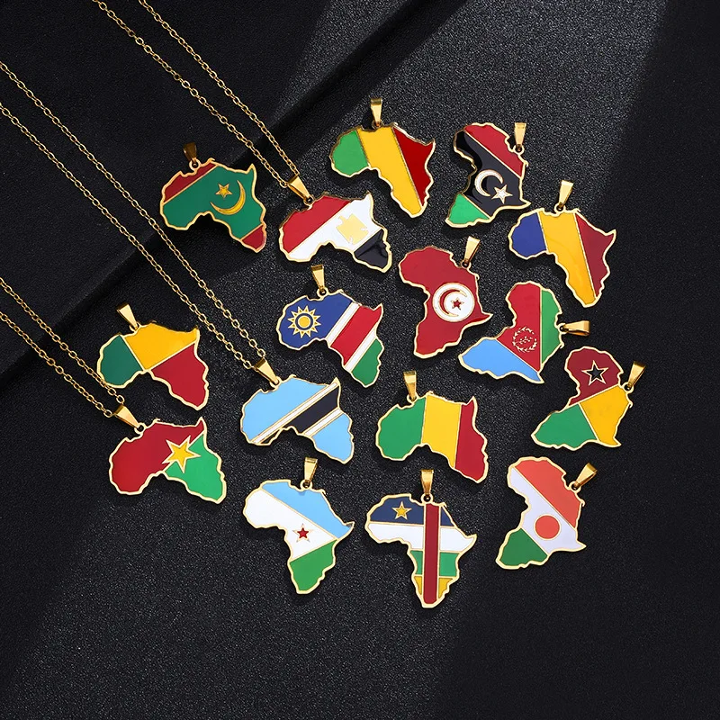 34 Enamel Ivory Coast Morocco Country Necklace 18K PVD Gold Plated Tarnish Free Stainless Steel African Map Necklace