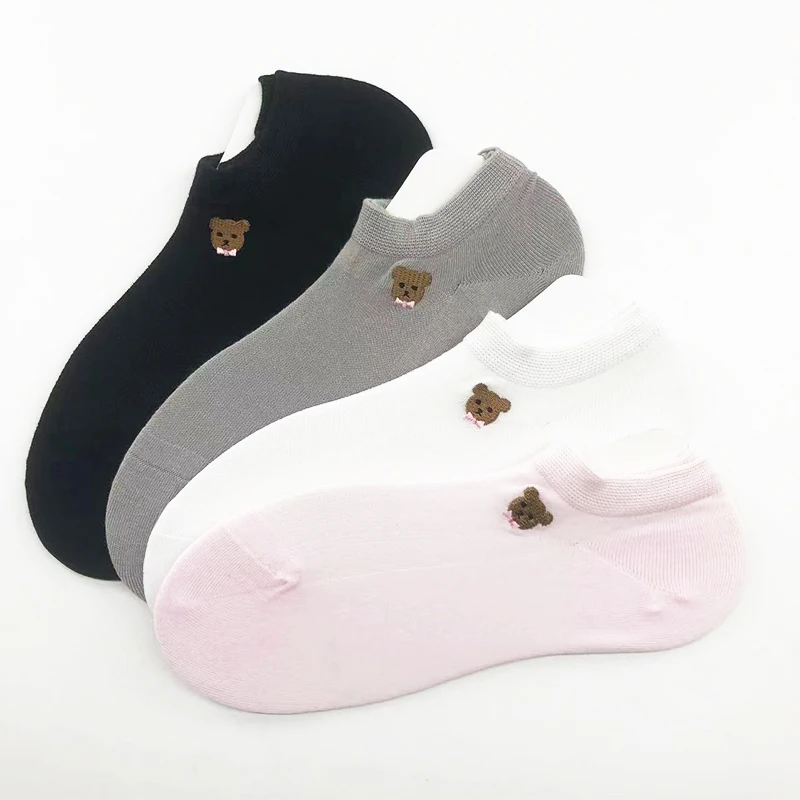 Ready-to-ship Girl Women Ultra Thin Mesh Summer Cotton Bear Embroidery Seamless Hand-linking Ankle Low Cut Socks