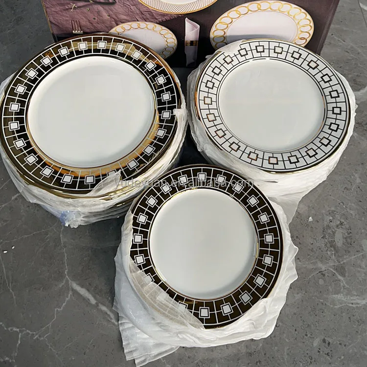 Morocco Electroplated Gold Custom Design Porcelain Ceramic 36pcs Bone China Dinner Sets Plates Sets Dinnerware for Wedding