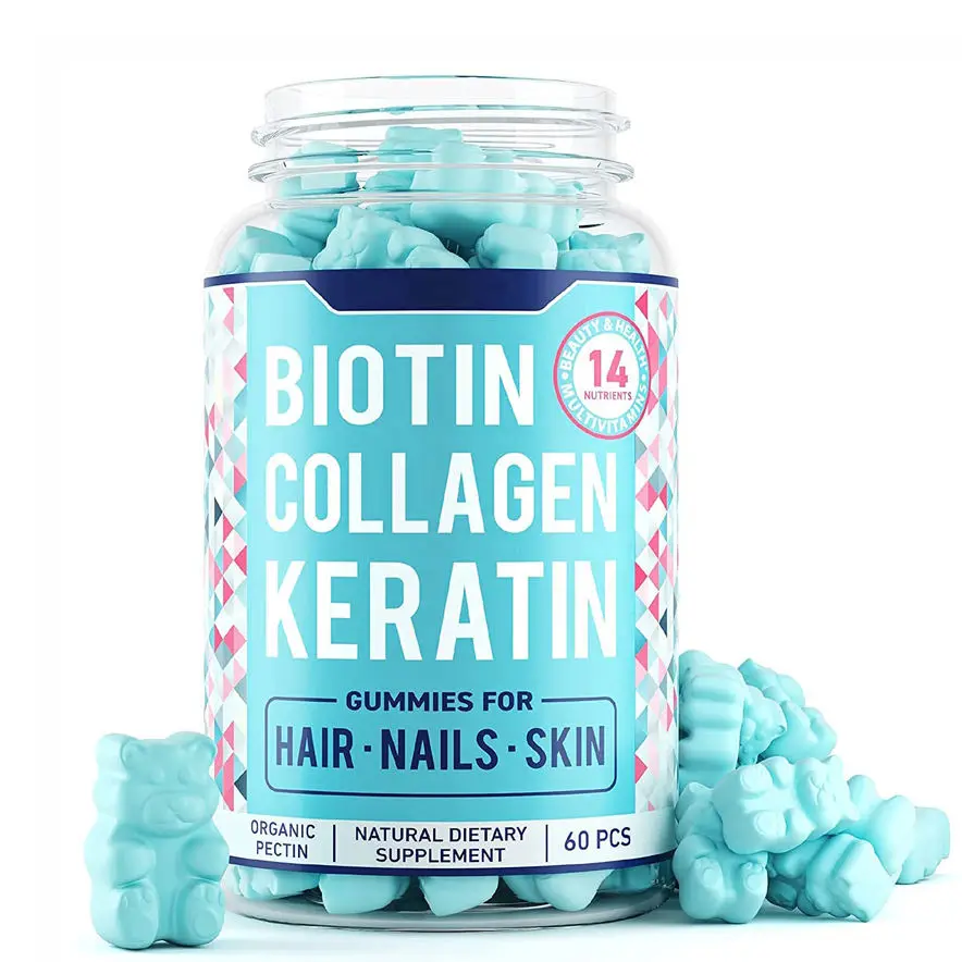 Private Label Biotin Collagen Keratin Organic Pectin  Gummies for Hair Nails Skin with Vitamins Natural Dirtary Suppolement