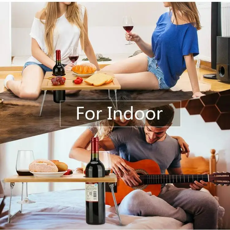 Portable folding legs bamboo breakfast bed table snack tray with wine bottle glass holder for outdoor picnic beach park