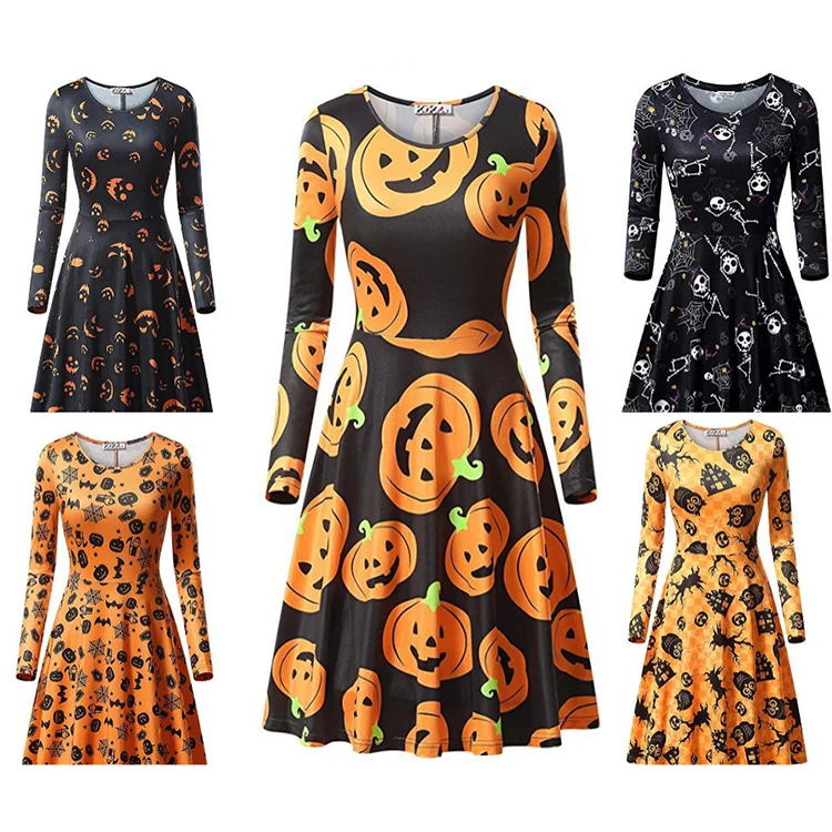 Новый день Хэллоуина платье; Сезон весна-осень; Хлопковые женские миди платье с круглым вырезом и тыквы с принтом с длинными рукавами; Платье трапециевидной формы